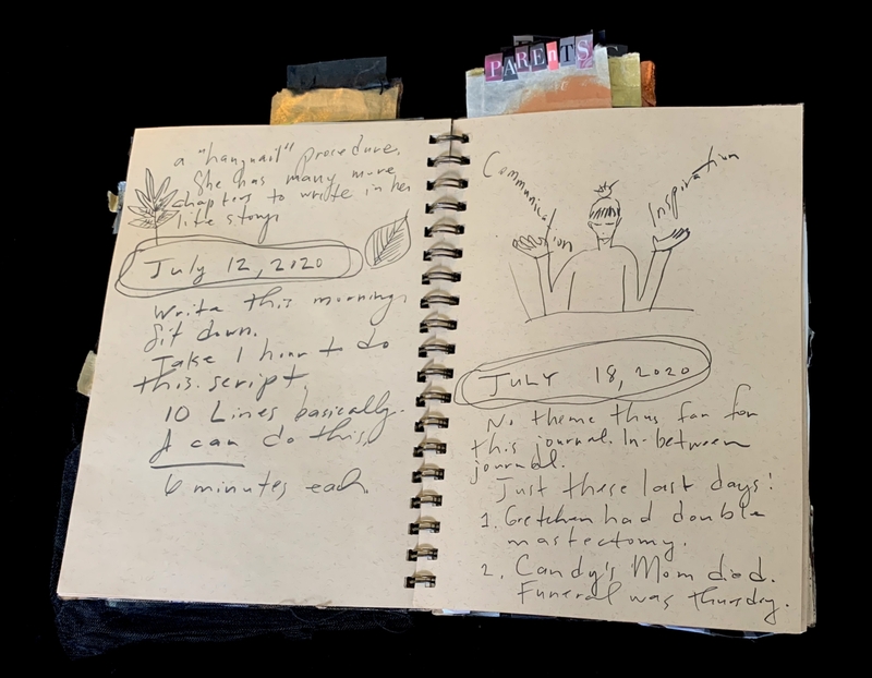 A handwritten journal entry dated July 12, 2020, with notes on writing and a sketch of a figure holding a leaf.