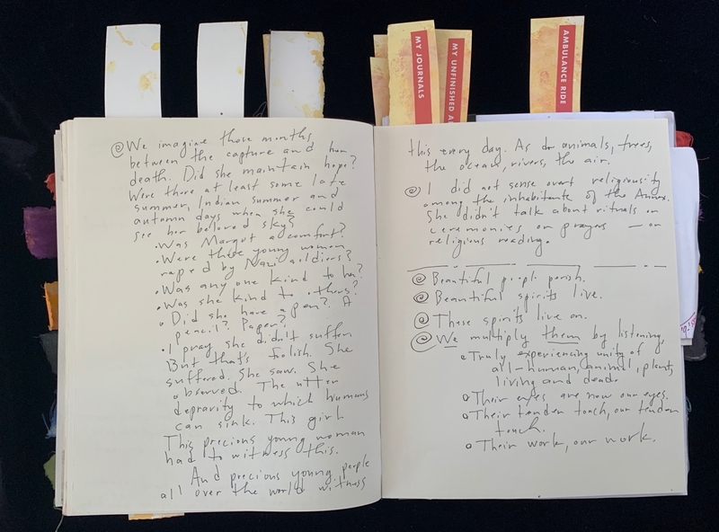 Open journal with handwritten text and colorful labeled tabs on top.