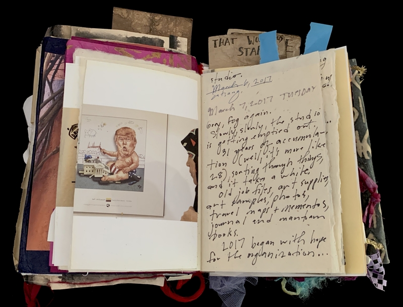 A mixed-media page from a scrapbook or artist's journal, featuring a cartoon illustration, handwritten notes, and various ephemera.