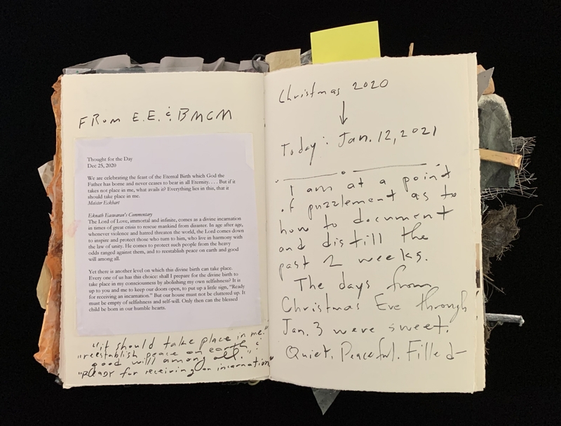 A handwritten journal entry dated January 12, 2021, reflecting on the past two weeks and referencing a previous entry from December 25, 2020.