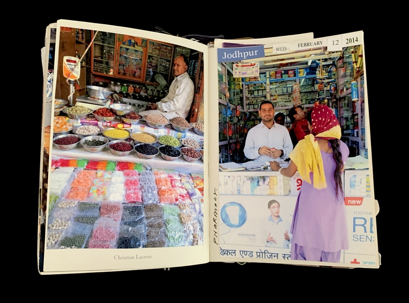 Two open pages from a photo book. Left: Market vendor with colorful spices. Right: Pharmacy scene with pharmacist and customer.