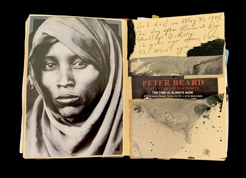 A photograph of a person wearing a headscarf is juxtaposed with a handwritten note and a promotional flyer for Peter Beard's exhibition.