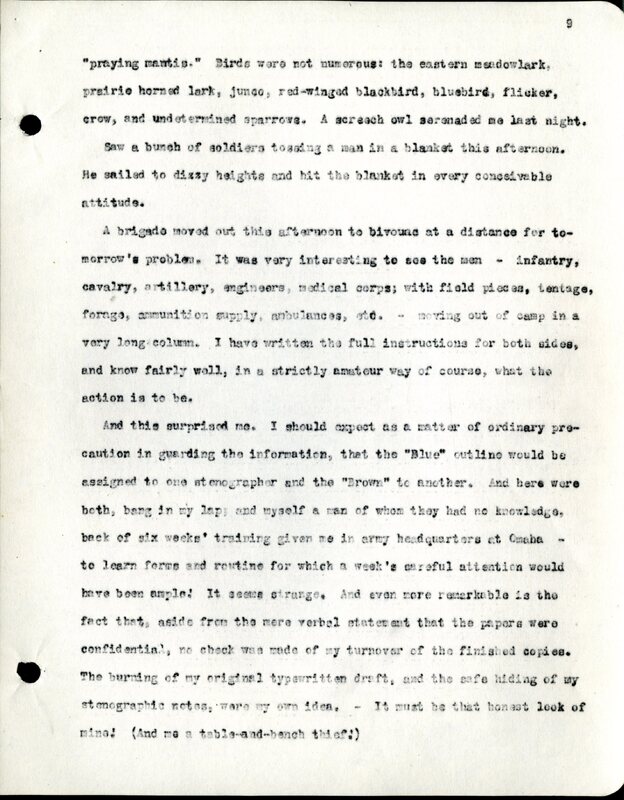 Frank H. Shoemaker typescript, 28 pages, titled "At Fort Riley, Kansas" on activities at Fort Riley between Oct. 12-29, 1903.