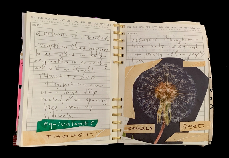A journal page featuring handwritten notes and a dandelion illustration, emphasizing the concept of thoughts as seeds.