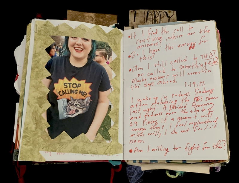 A collage page featuring a photograph of a person wearing a "STOP CALLING ME!" t-shirt, alongside handwritten notes and a torn piece of paper with the word "HAPPY" at the top.