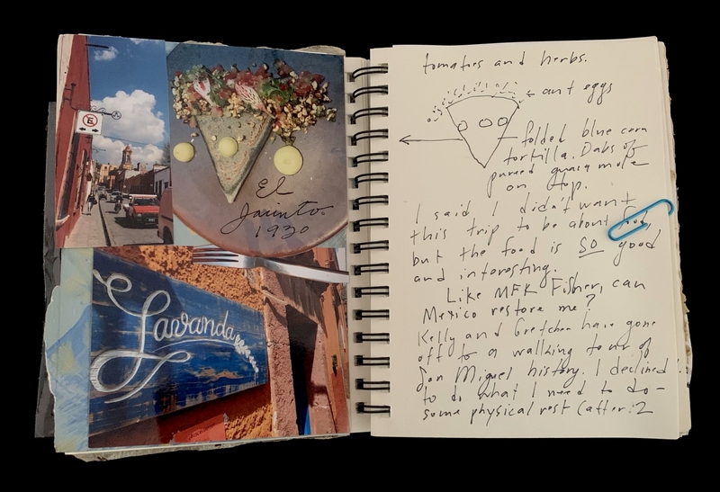 A travel journal page featuring photographs of a street scene and a restaurant sign, alongside handwritten notes about food and travel experiences.