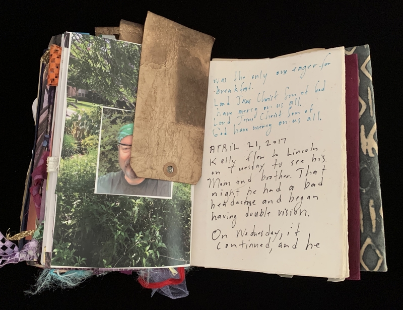 A scrapbook page featuring a photograph of a person outdoors, surrounded by greenery, and handwritten notes detailing a personal narrative.