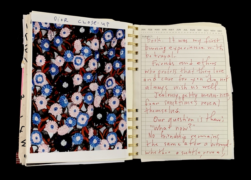A handwritten page from a spiral-bound notebook with a floral photograph and a reflection on betrayal and friendship.