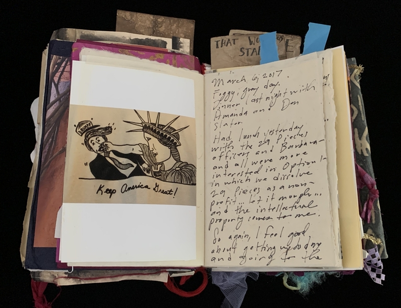A scrapbook page featuring a drawing of the Statue of Liberty with a hat and the phrase "Keep America Great!" alongside handwritten notes.