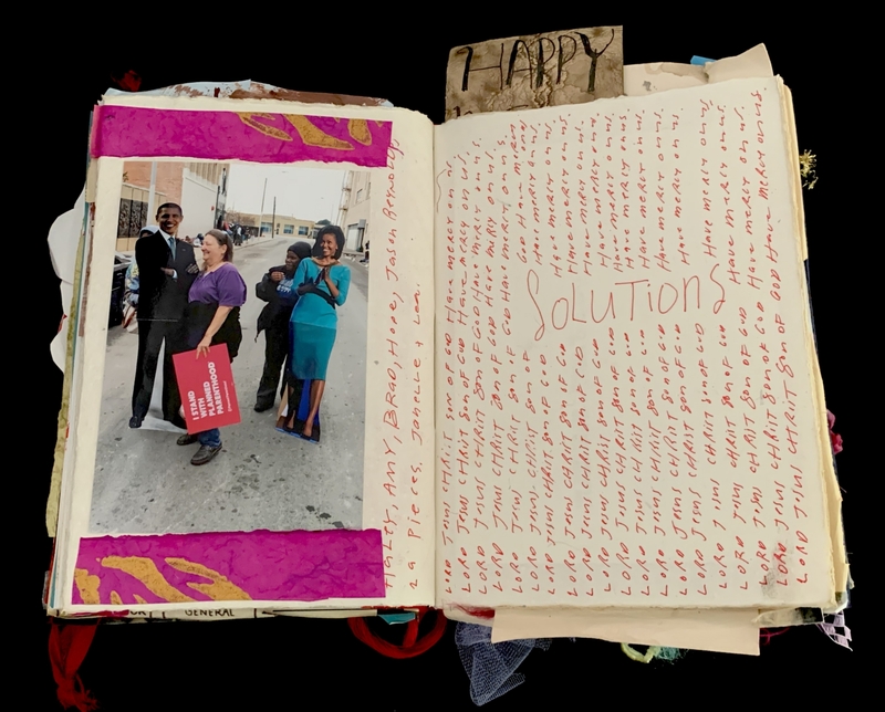 A collage-style page featuring a photograph and handwritten text, with a theme of community and solutions.