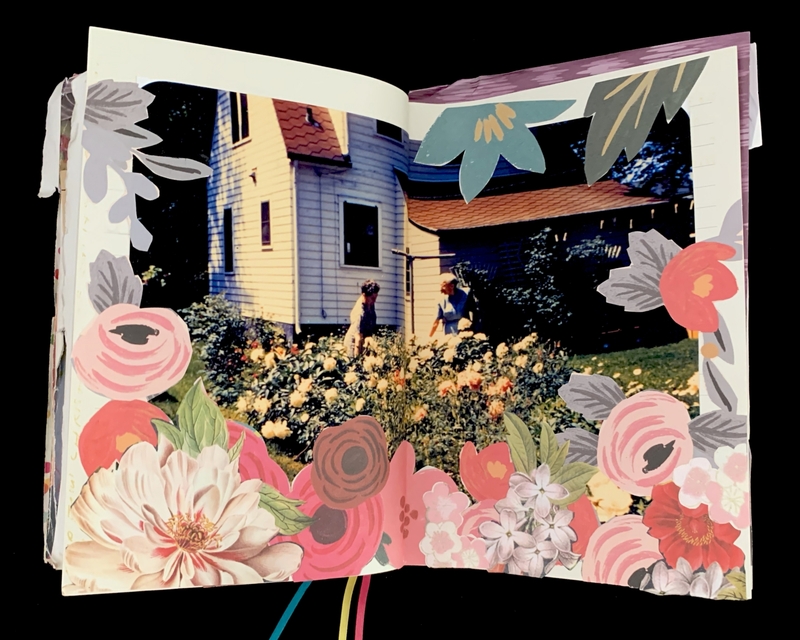 Open journal with a photo of two children in a garden, framed by illustrated flowers.