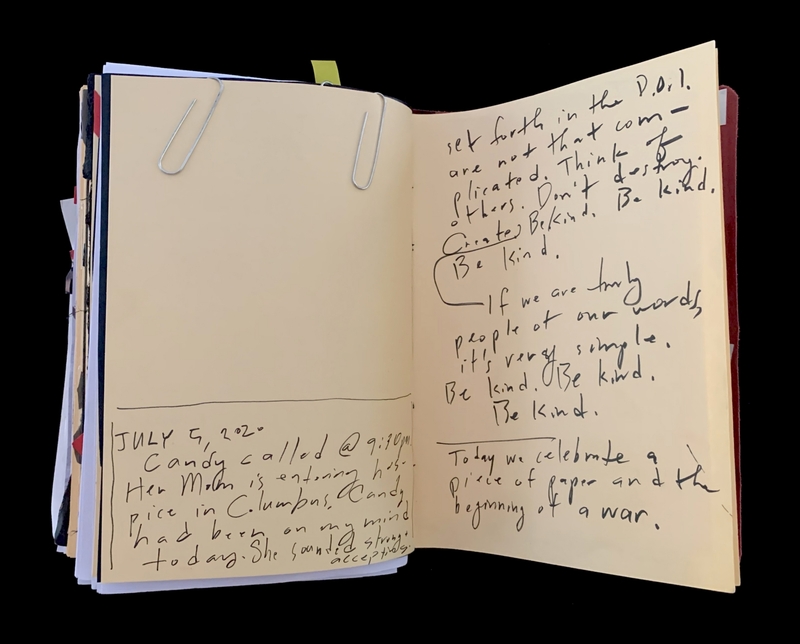 A handwritten notebook page with a note dated July 5, 2020, and a section of text emphasizing kindness.