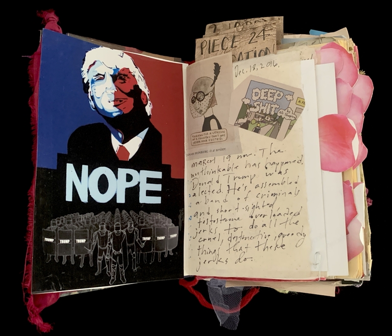 A collage-style page featuring political commentary and personal reflections, including a prominent image of Donald Trump with the word "NOPE" and handwritten notes expressing concern about his election.