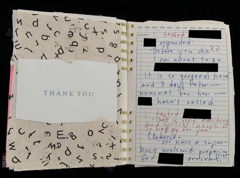 A handwritten notebook page with various notes and a "Thank You" card.