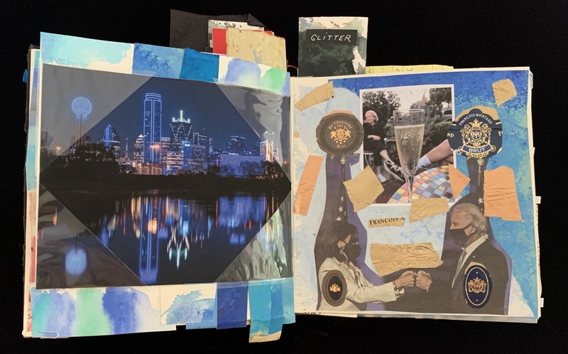 Open scrapbook with city skyline photo on left and collage of images with wine labels and gold foil on right.