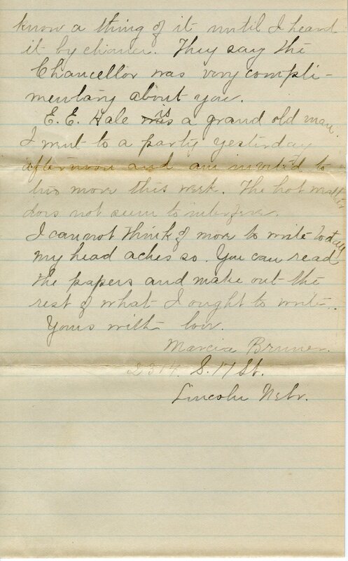 Handwritten 4 page letter from Marcia Bruner to Lawrence Bruner, "I have an awful headache today…"