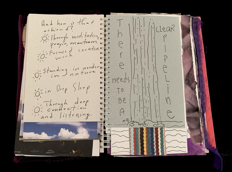 A journal page featuring handwritten text, doodles, and a photograph of a landscape.