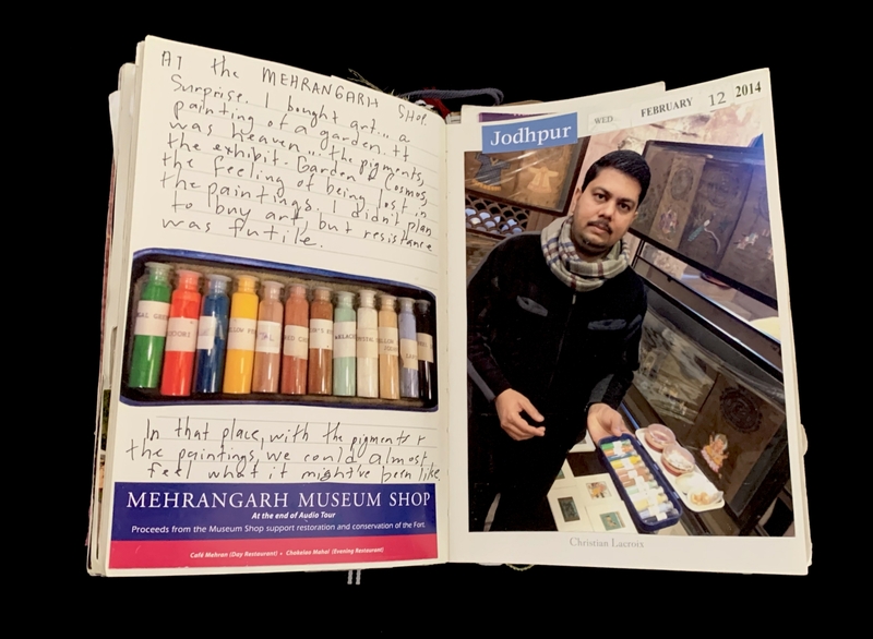 Open notebook with handwritten text and photographs of pigment bottles and a person at a museum shop.