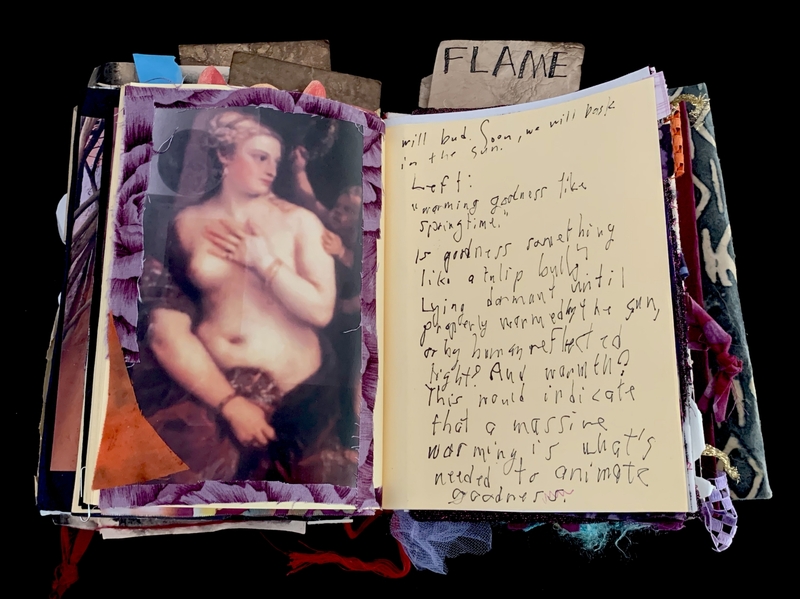 A collage of a handwritten page with a photograph of a classical nude figure and the word "FLAME" at the top.