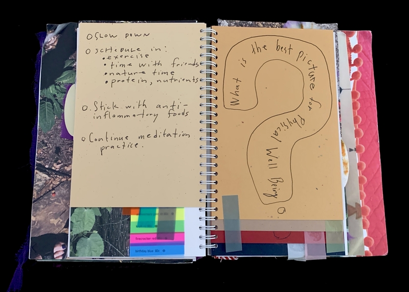 A journal page with handwritten notes and a doodle about physical well-being.