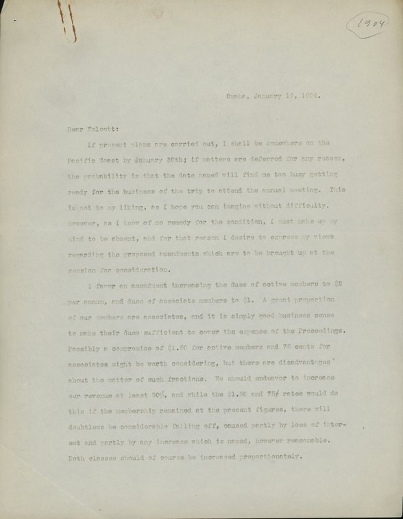 Typewritten letter, 3 pages, from Robert H. Wolcott to Frank H. Shoemaker, "If present plans are carried out, I shall be somewhere on the Pacific Coast by January 30th; if matters are deferred for any reason, the probability is that the date named will find me too busy getting ready for the business of the trip to attend the annual meeting."