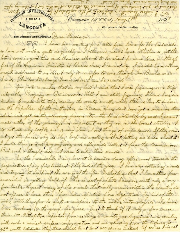 Handwritten 2 page letter from Lawrence Bruner to Marcia Bruner, "I have been waiting for a letter from home for the last week so have no written quite as quickly as I otherwise would have."