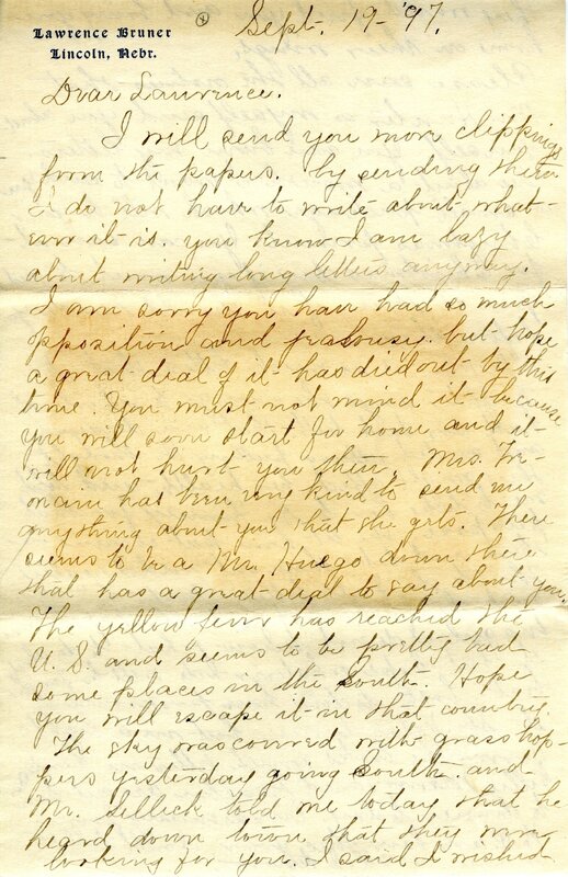 Handwritten 4 page letter from Marcia Bruner to Lawrence Bruner, "I will send you more clippings from the papers…"