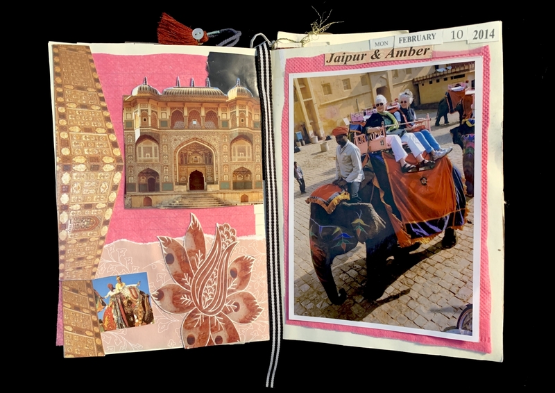 Scrapbook featuring photos of Jaipur and Amber, with images of a palace, decorated elephants, and a ride on an elephant.