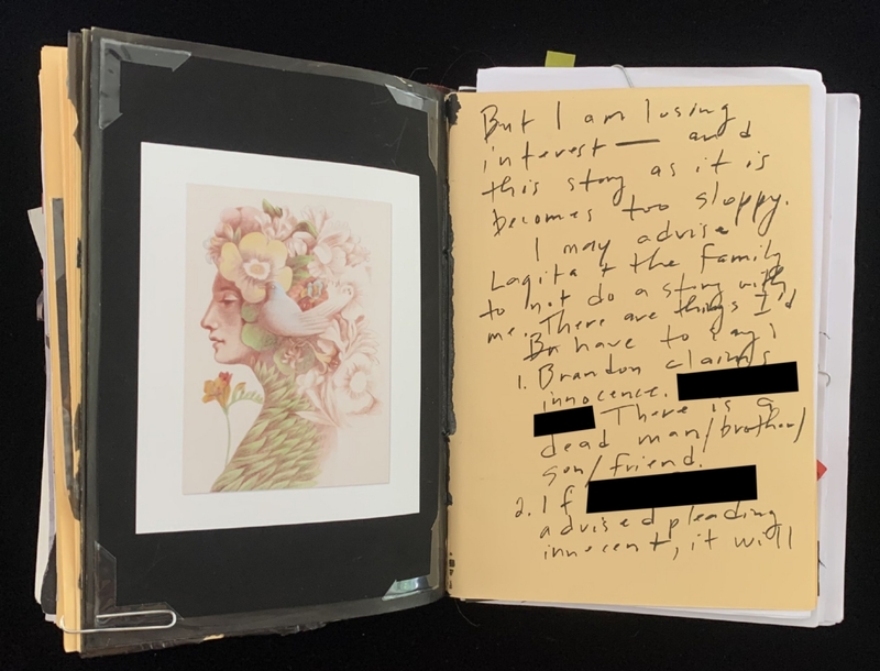 A handwritten page with a small, detailed drawing of a person's profile on the left side.