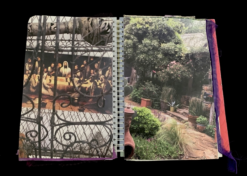 A spiral-bound notebook page featuring a photograph of a garden and a collage of a religious painting.
