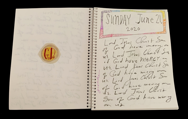 A handwritten page from a notebook dated Sunday, June 21, 2020, featuring a prayer and a circular sticker.