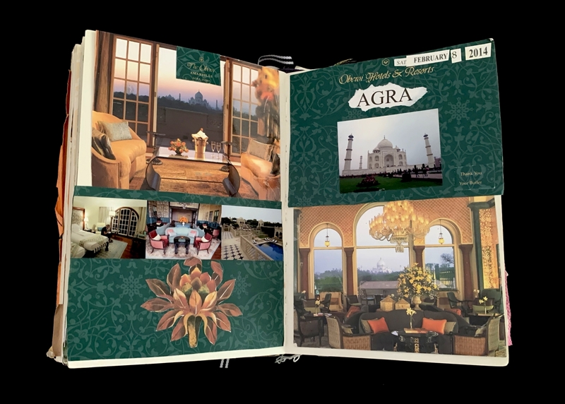 Open scrapbook page with photos of a hotel in Agra, India, highlighting views of the Taj Mahal and luxury interiors.
