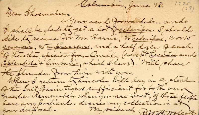 Handwritten postcard from Robert H. Wolcott to Frank H. Shoemaker, "Your card forwarded and I shall be glad to get a lot of celeripes. I should like to secure for Mr. Harris..."