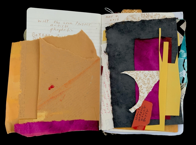 Open notebook with mixed media collage in warm and vibrant colors.