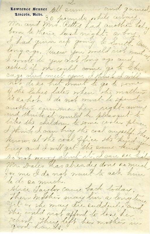 Handwritten 4 page letter from Marcia Bruner to Lawrence Bruner, "It was nearly three weeks the last time…"
