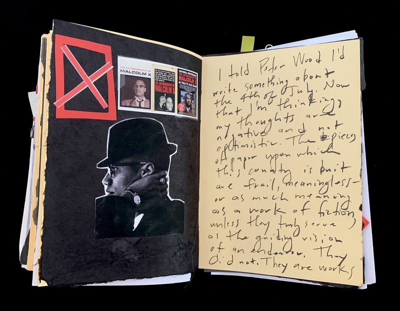 A handwritten page with a collage of Malcolm X images and a red "X" symbol, accompanied by a note discussing the Fourth of July and the foundational principles of the United States.