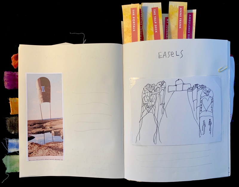 Open journal with a photo of a sculpture, abstract line drawing, and labeled paper tabs.