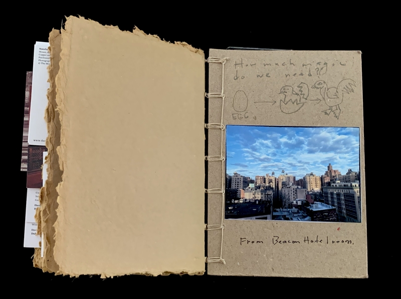 Open hand-bound book with a cityscape photo and doodles explaining an egg-to-chicken process.