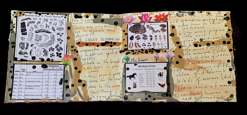 A mixed-media page featuring a collage of printed charts, handwritten notes, and decorative elements, including lotus flowers and animal scat illustrations.