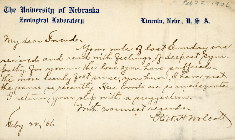 Handwritten letter, 1 page, from Robert H. Wolcott to Frank H. Shoemaker, "Your note of last Sunday was received and read with feelings of deepest sympathy for you have suffered..."