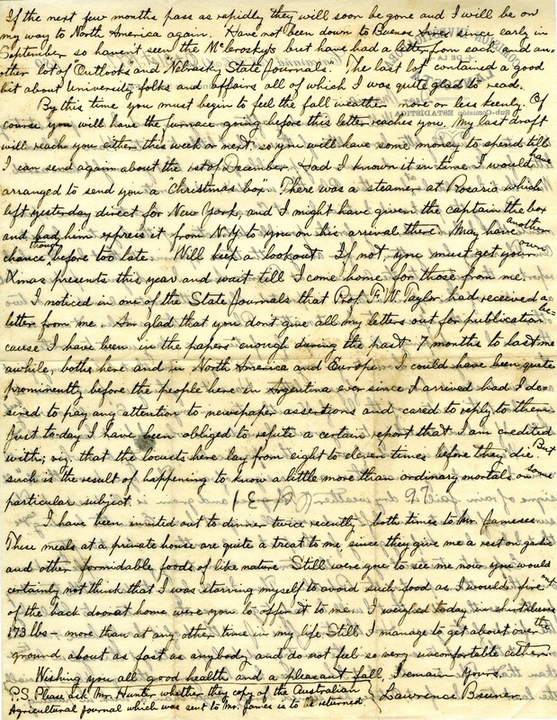 Handwritten 2 page letter from Lawrence Bruner to Marcia Bruner, "Well it is Sunday afternoon again and I am just starting to write my weekly letter home..."