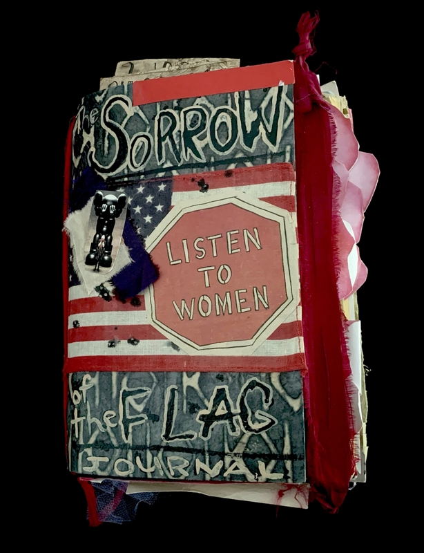 A collage-style artwork featuring a mix of text, imagery, and fabric elements, with a central focus on the phrase "Listen to Women."