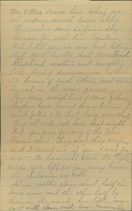 Handwritten 4 page letter from Marcia Bruner to Lawrence Bruner, "We are thinking of you today as ever…"
