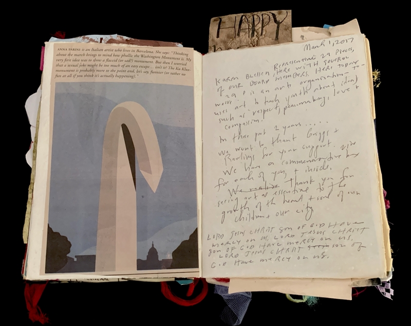 A scrapbook page featuring a photograph of a sculpture and handwritten notes.