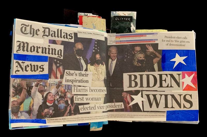 Collage of newspaper clippings celebrating Biden's election victory, featuring headlines and images.