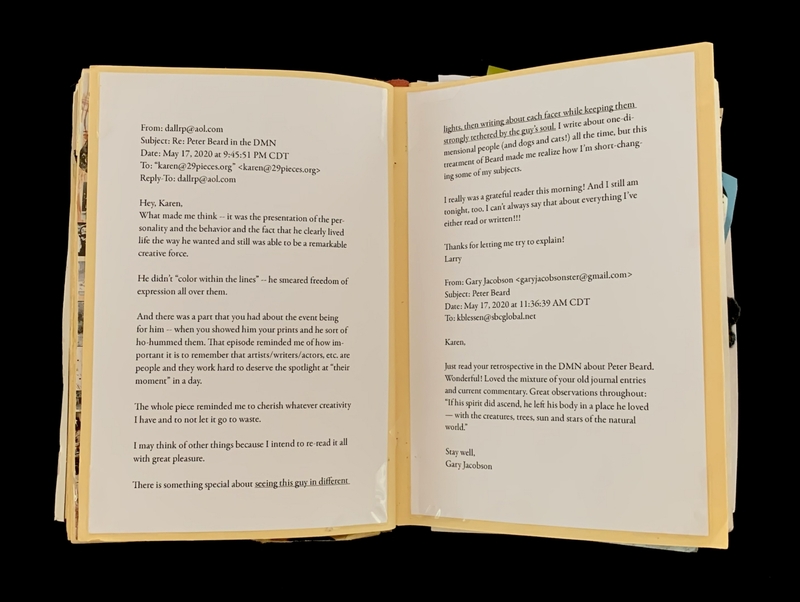 A photograph of an open book with handwritten notes and a typed email exchange.