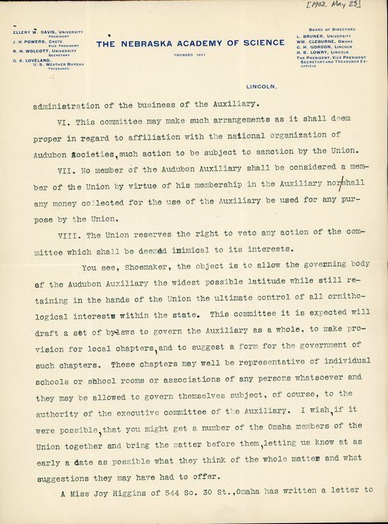 Typewritten letter, 3 pages, from Robert H. Wolcott to Frank H. Shoemaker, "I give herewith a constitution for the suggested Audubon Auxiliary which I trust you will look over carefully and revise as seems to you wise."