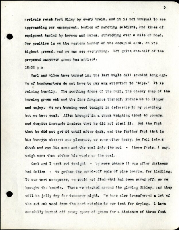 Frank H. Shoemaker typescript, 28 pages, titled "At Fort Riley, Kansas" on activities at Fort Riley between Oct. 12-29, 1903.