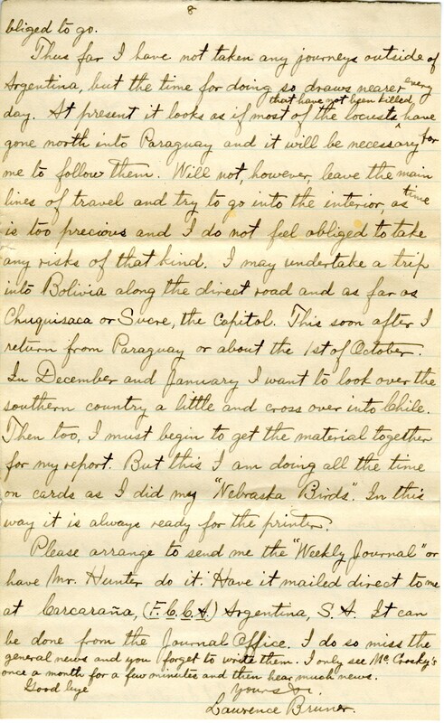 Handwritten 10 page letter from Lawrence Bruner to Marcia Bruner, "Since I am way off here 'measly 100 miles from nowhere'..."