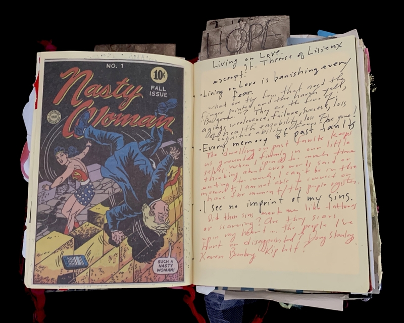 A vintage comic book titled "Nasty Woman" is displayed alongside a handwritten page with inspirational quotes.